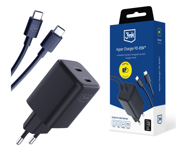 3MK Hyper Charger PD 45W Black + 2x USB-C-C Cables 5903108561952 - 1267404 - zdjęcie